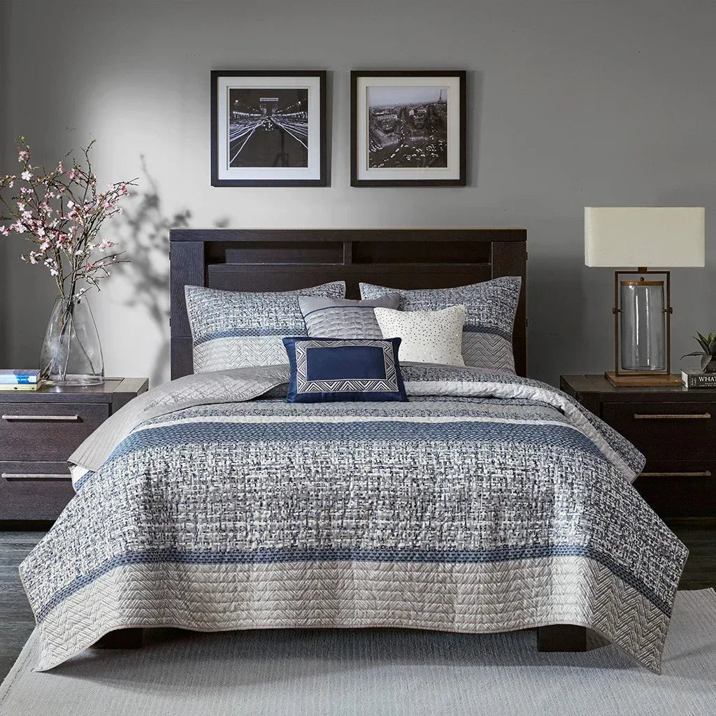Rhapsody 6 Piece Reversible Jacquard Quilt Set with Throw Pillows in Navy - Gifts for You 'n Me
