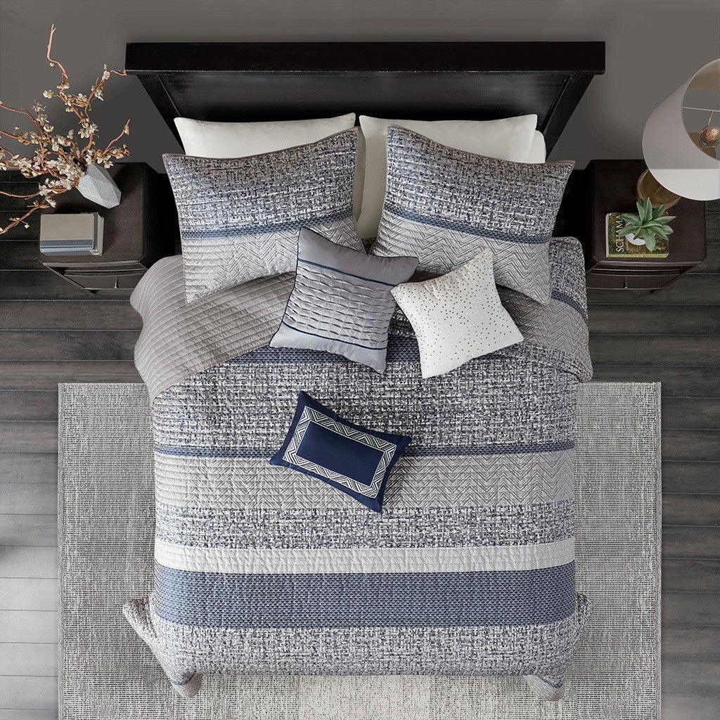 Rhapsody 6 Piece Reversible Jacquard Quilt Set with Throw Pillows in Navy - Gifts for You 'n Me