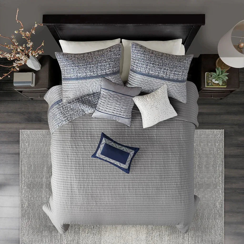 Rhapsody 6 Piece Reversible Jacquard Quilt Set with Throw Pillows in Navy - Gifts for You 'n Me