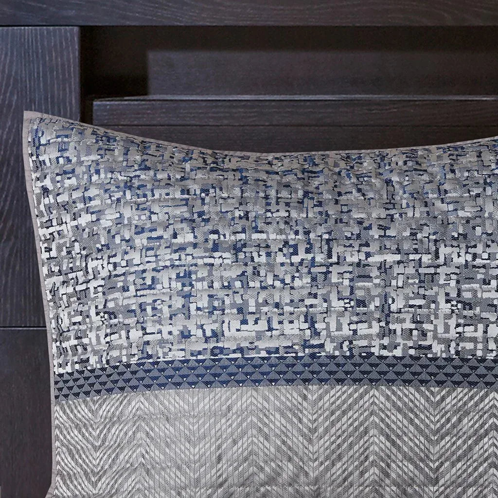 Rhapsody 6 Piece Reversible Jacquard Quilt Set with Throw Pillows in Navy - Gifts for You 'n Me