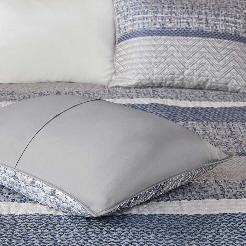 Rhapsody 6 Piece Reversible Jacquard Quilt Set with Throw Pillows in Navy - Gifts for You 'n Me