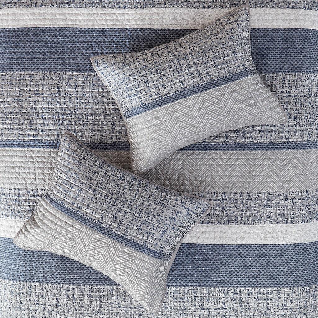 Rhapsody 6 Piece Reversible Jacquard Quilt Set with Throw Pillows in Navy - Gifts for You 'n Me