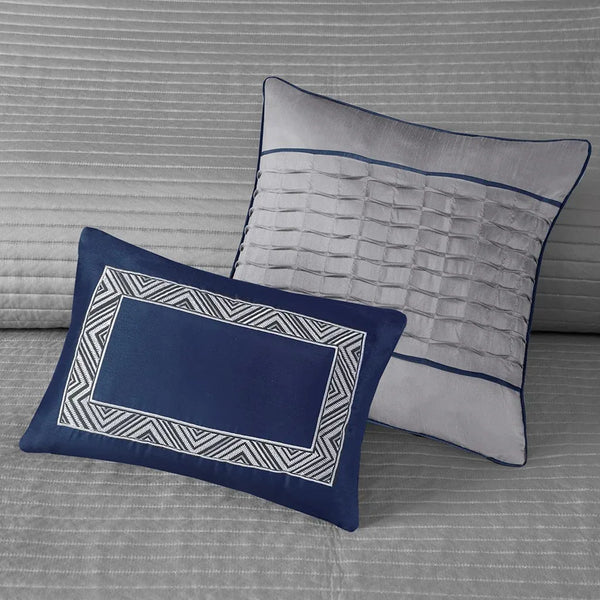 Rhapsody 6 Piece Reversible Jacquard Quilt Set with Throw Pillows in Navy - Gifts for You 'n Me