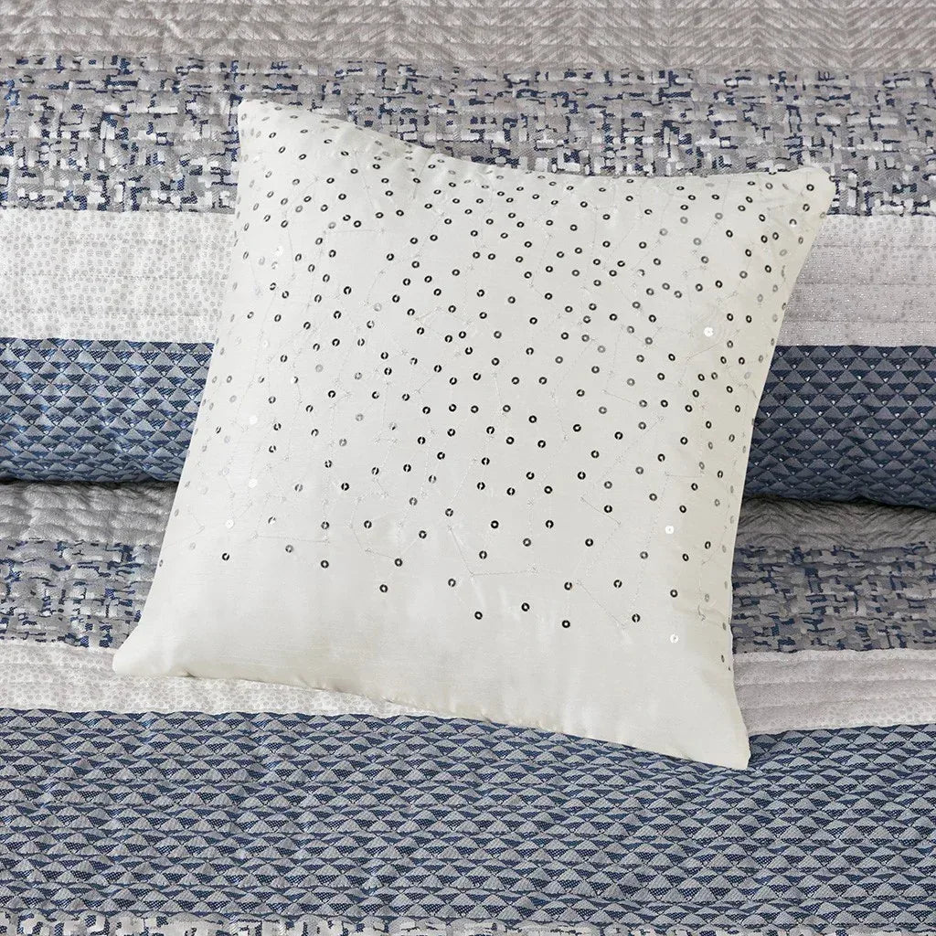 Rhapsody 6 Piece Reversible Jacquard Quilt Set with Throw Pillows in Navy - Gifts for You 'n Me