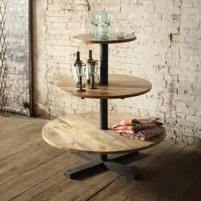 Round Three Tiered Mango Wood And Iron Display Tower - KALALOU - Gifts for You 'n Me