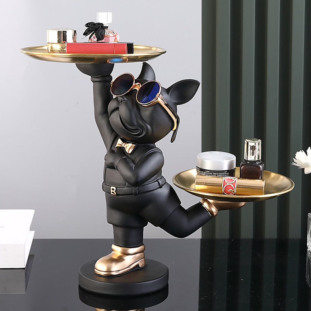 Resin Dog Statue Room Decor,Butler Sculpture with 2 Trays for Storage,French Bulldog Figurine Home Decoration,Table Ornaments - Gifts for You 'n Me