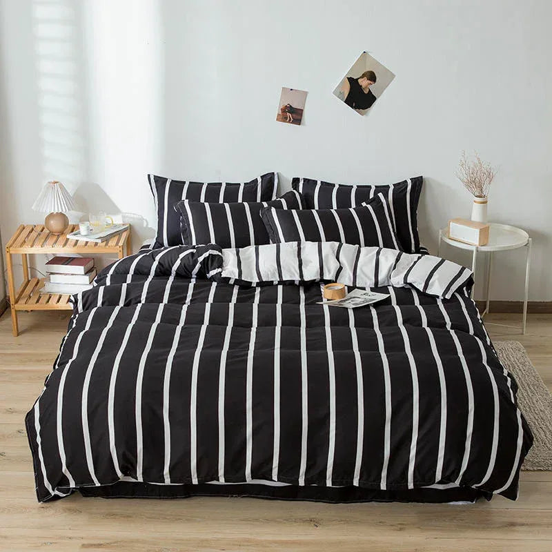 Bonenjoy Queen Size Bedding Set White Color Black Plaid Microfiber Reactive Printed King Size Bed Linen Sets For Bedroom Kit - Gifts for You 'n Me