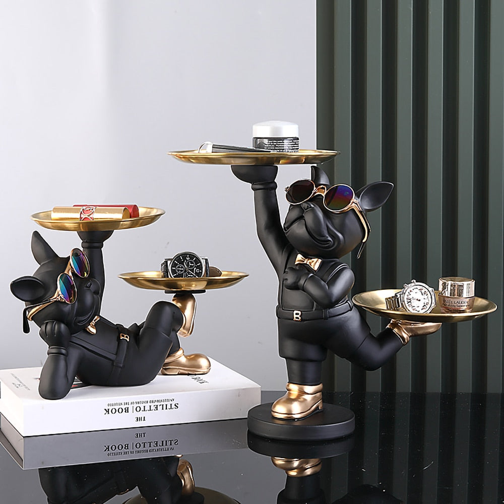Resin Dog Statue Room Decor,Butler Sculpture with 2 Trays for Storage,French Bulldog Figurine Home Decoration,Table Ornaments - Gifts for You 'n Me