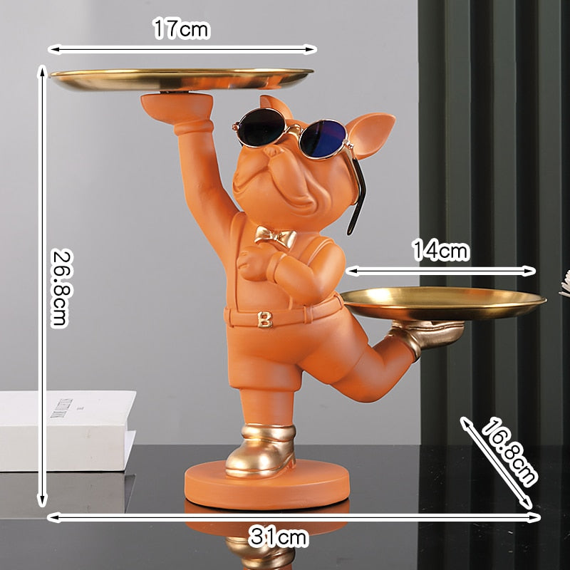 Resin Dog Statue Room Decor,Butler Sculpture with 2 Trays for Storage,French Bulldog Figurine Home Decoration,Table Ornaments - Gifts for You 'n Me