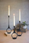 SET OF THREE CAST IRON TAPER CANDLE HOLDERS WITH RING DETAIL