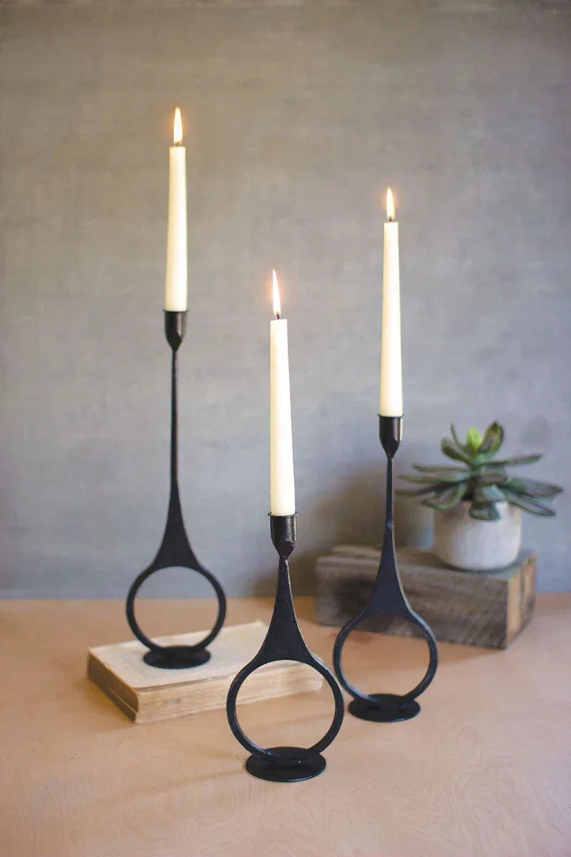SET OF THREE CAST IRON TAPER CANDLE HOLDERS WITH RING DETAIL - Gifts for You 'n Me