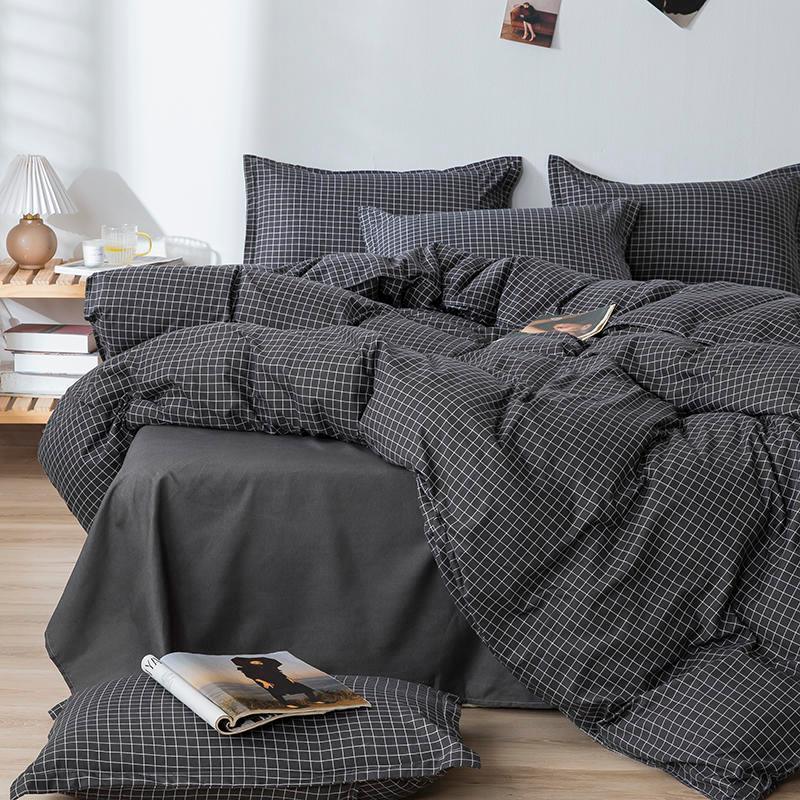 Bonenjoy Queen Size Bedding Set White Color Black Plaid Microfiber Reactive Printed King Size Bed Linen Sets For Bedroom Kit - Gifts for You 'n Me