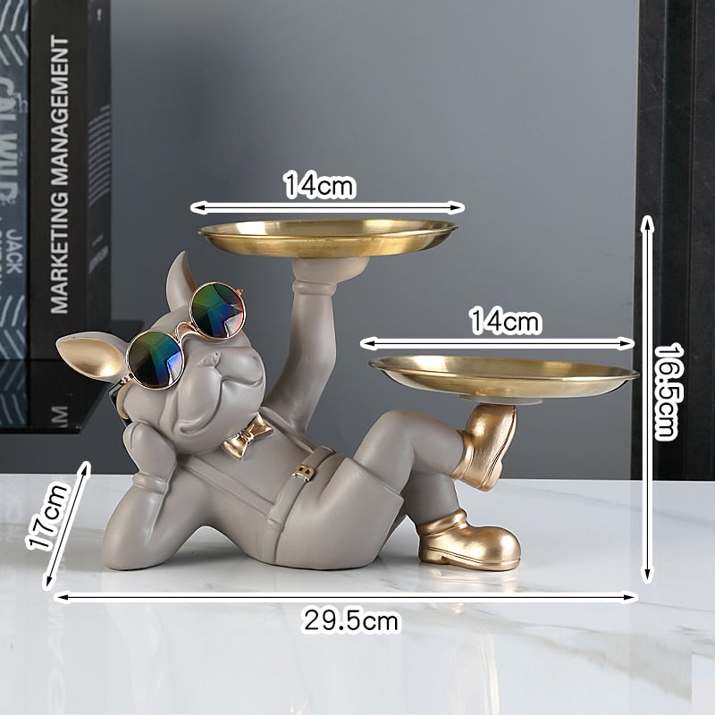 Resin Dog Statue Room Decor,Butler Sculpture with 2 Trays for Storage,French Bulldog Figurine Home Decoration,Table Ornaments - Gifts for You 'n Me