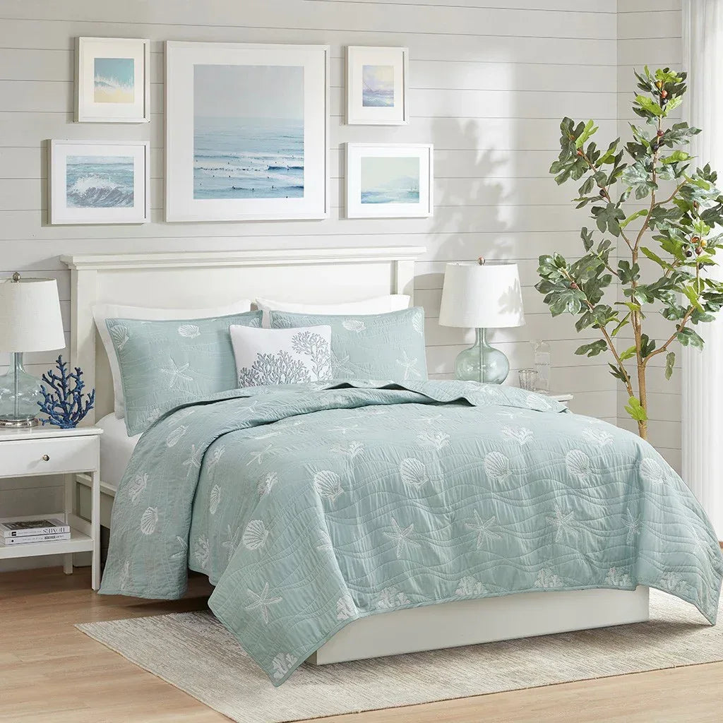 Seaside 4 Piece Cotton Coverlet Set - Aqua - Gifts for You 'n Me