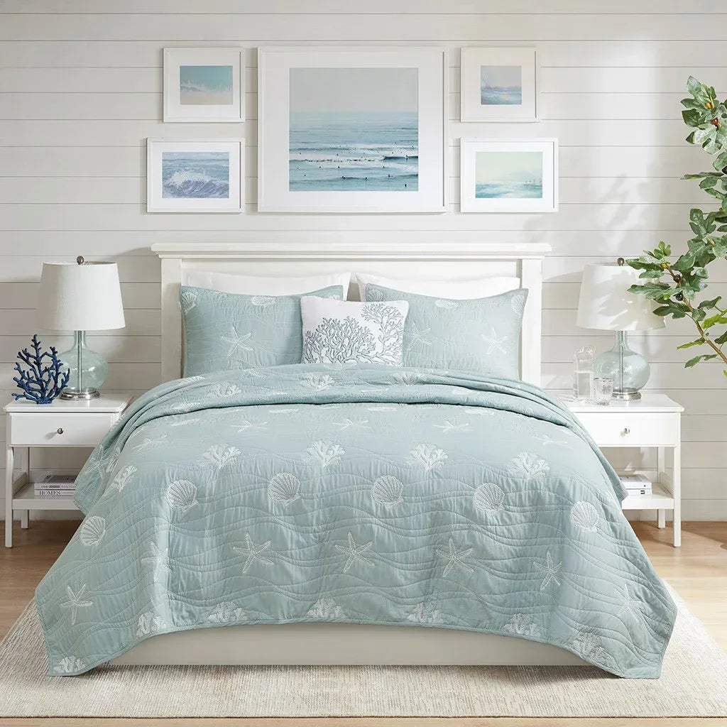 Seaside 4 Piece Cotton Coverlet Set - Aqua - Gifts for You 'n Me