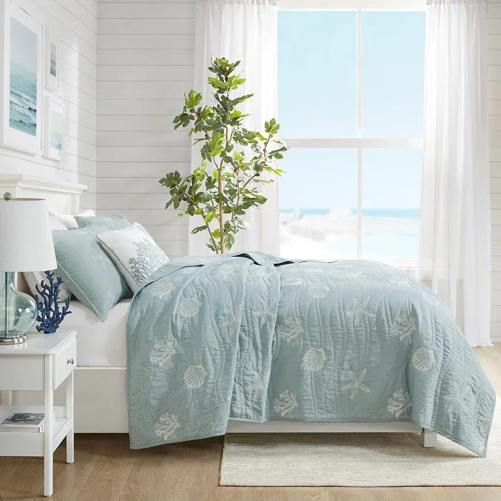 Seaside 4 Piece Cotton Coverlet Set - Aqua - Gifts for You 'n Me