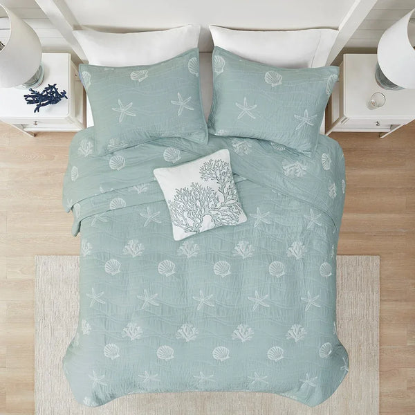 Seaside 4 Piece Cotton Coverlet Set - Aqua - Gifts for You 'n Me