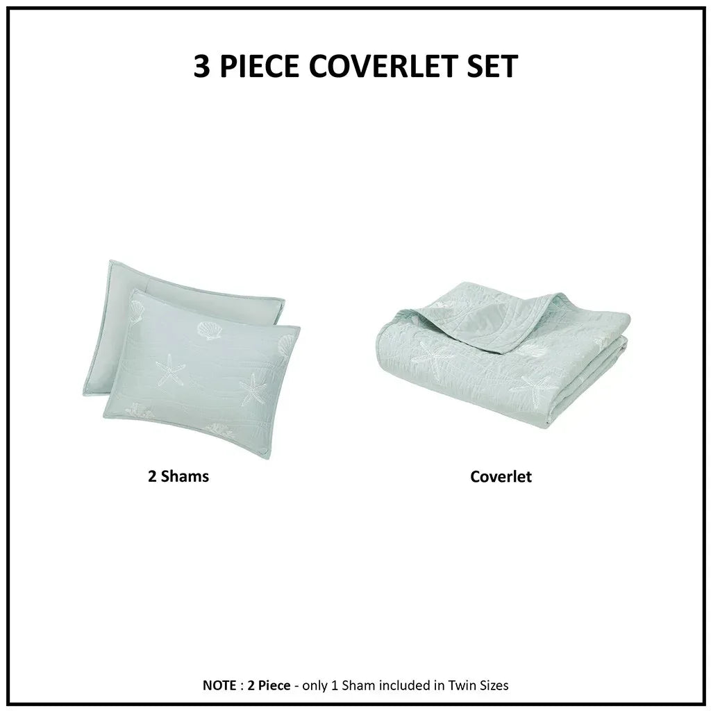 Seaside 4 Piece Cotton Coverlet Set - Aqua - Gifts for You 'n Me