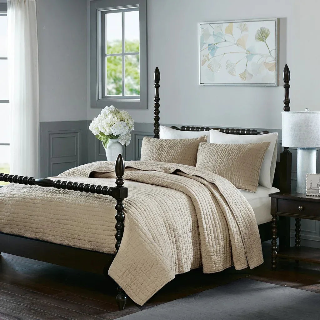 Serene 3 Piece Hand Quilted Cotton Quilt Set - Linen - Gifts for You 'n Me