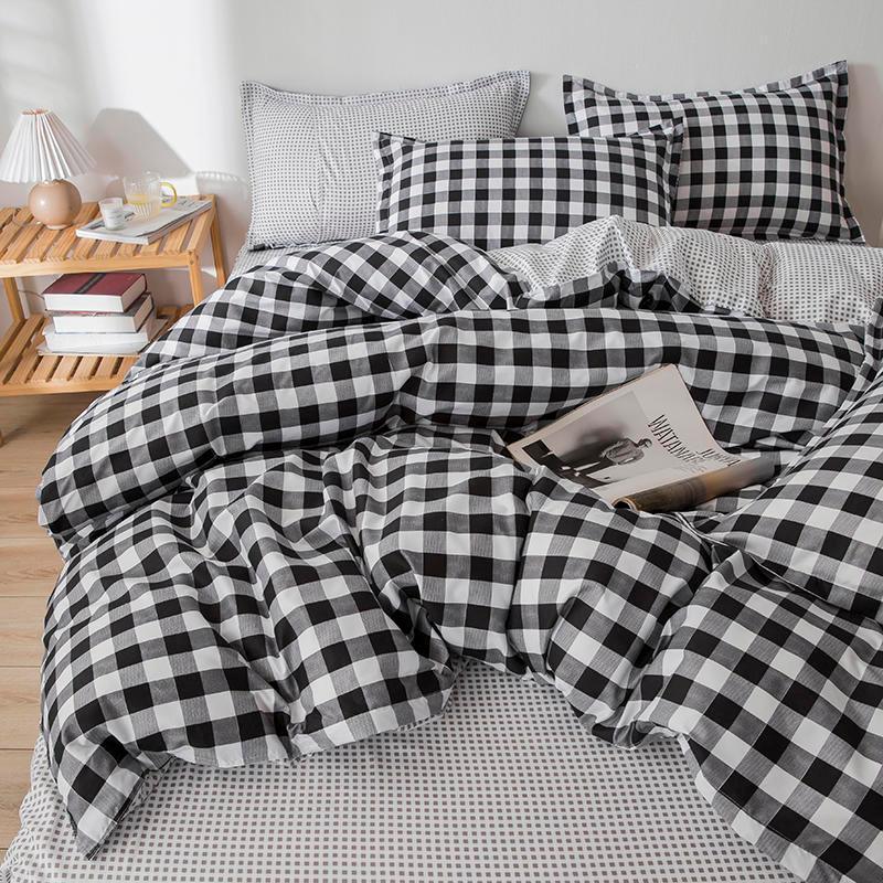 Bonenjoy Queen Size Bedding Set White Color Black Plaid Microfiber Reactive Printed King Size Bed Linen Sets For Bedroom Kit - Gifts for You 'n Me