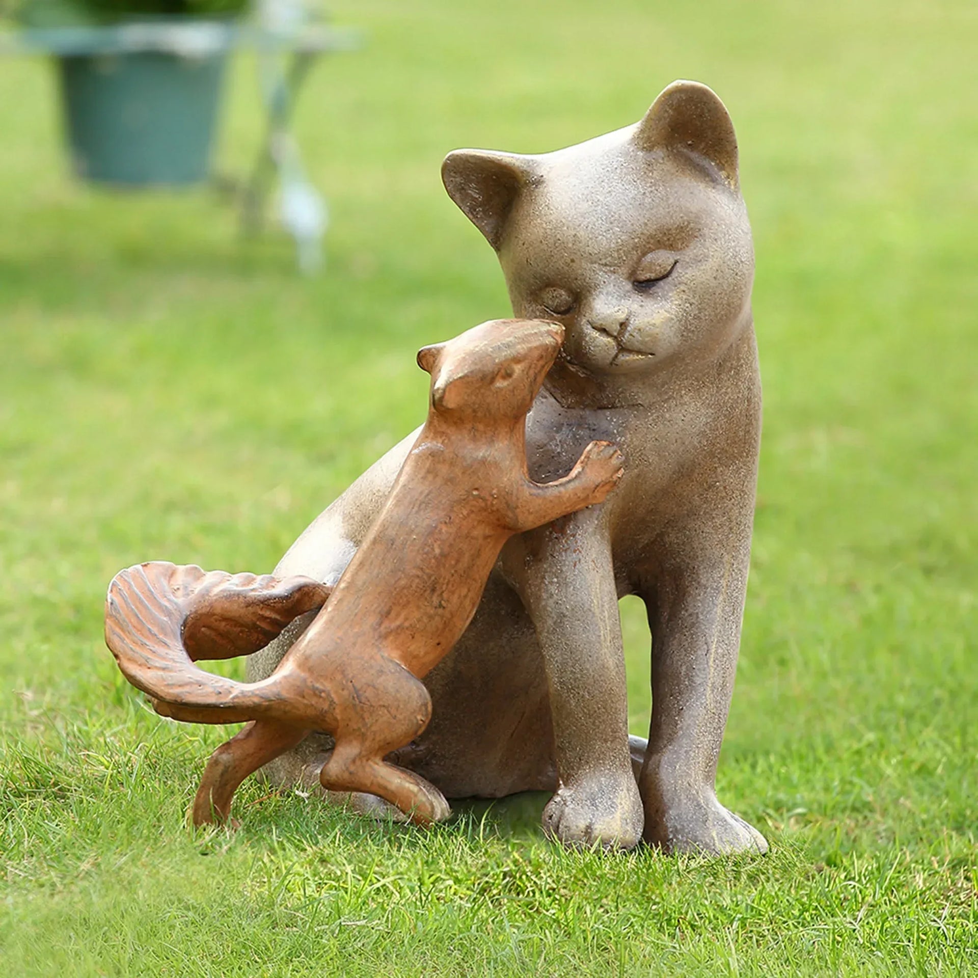 Stealing a Kiss Garden Sculpture - cat and Squirrel - Gifts for You 'n Me