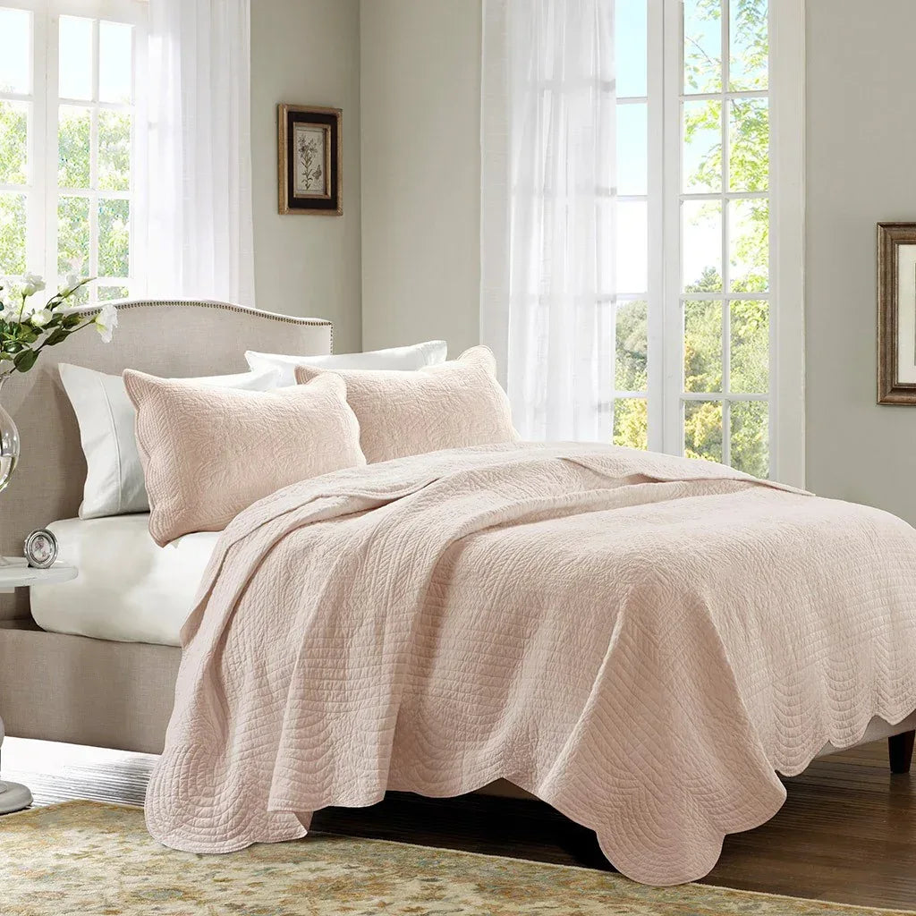 Tuscany 3 Piece Reversible Scalloped Edge Coverlet Set - Blush - Gifts for You 'n Me