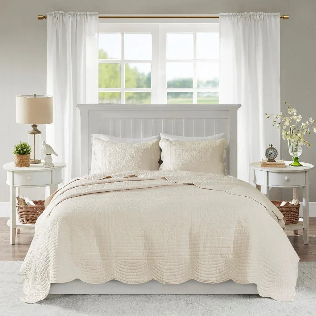 Tuscany 3 Piece Reversible Scalloped Edge Coverlet Set - Cream - Gifts for You 'n Me