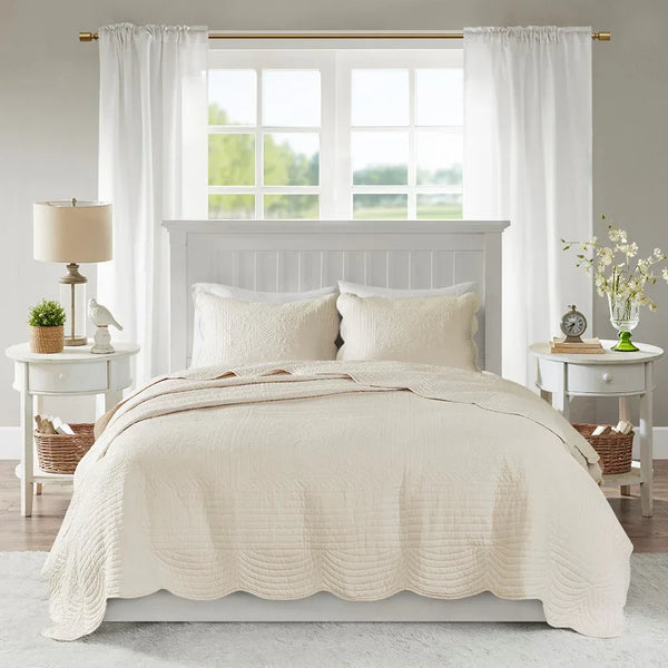 Tuscany 3 Piece Reversible Scalloped Edge Coverlet Set - Cream - Gifts for You 'n Me