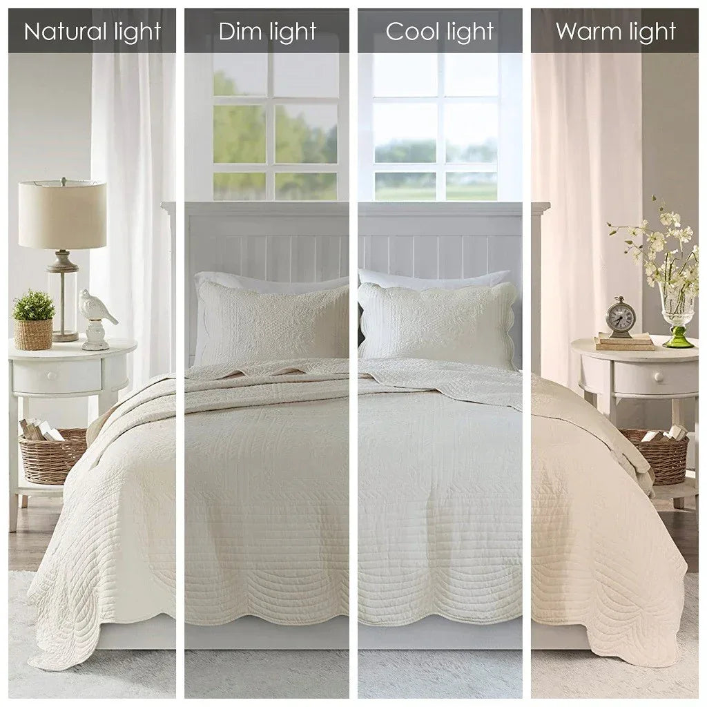 Tuscany 3 Piece Reversible Scalloped Edge Coverlet Set - Cream - Gifts for You 'n Me