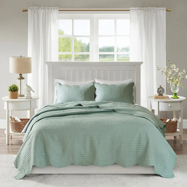 Tuscany 3 Piece Reversible Scalloped Edge Coverlet Set - Seafoam - Gifts for You 'n Me