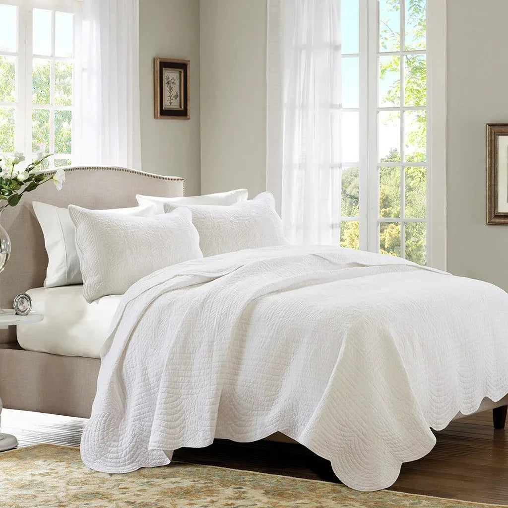 Tuscany 3 Piece Reversible Scalloped Edge Coverlet Set - White - Gifts for You 'n Me