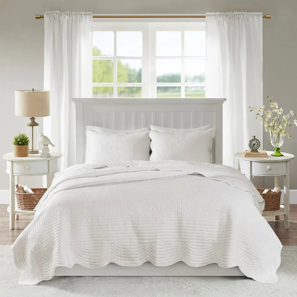 Tuscany 3 Piece Reversible Scalloped Edge Coverlet Set - White - Gifts for You 'n Me