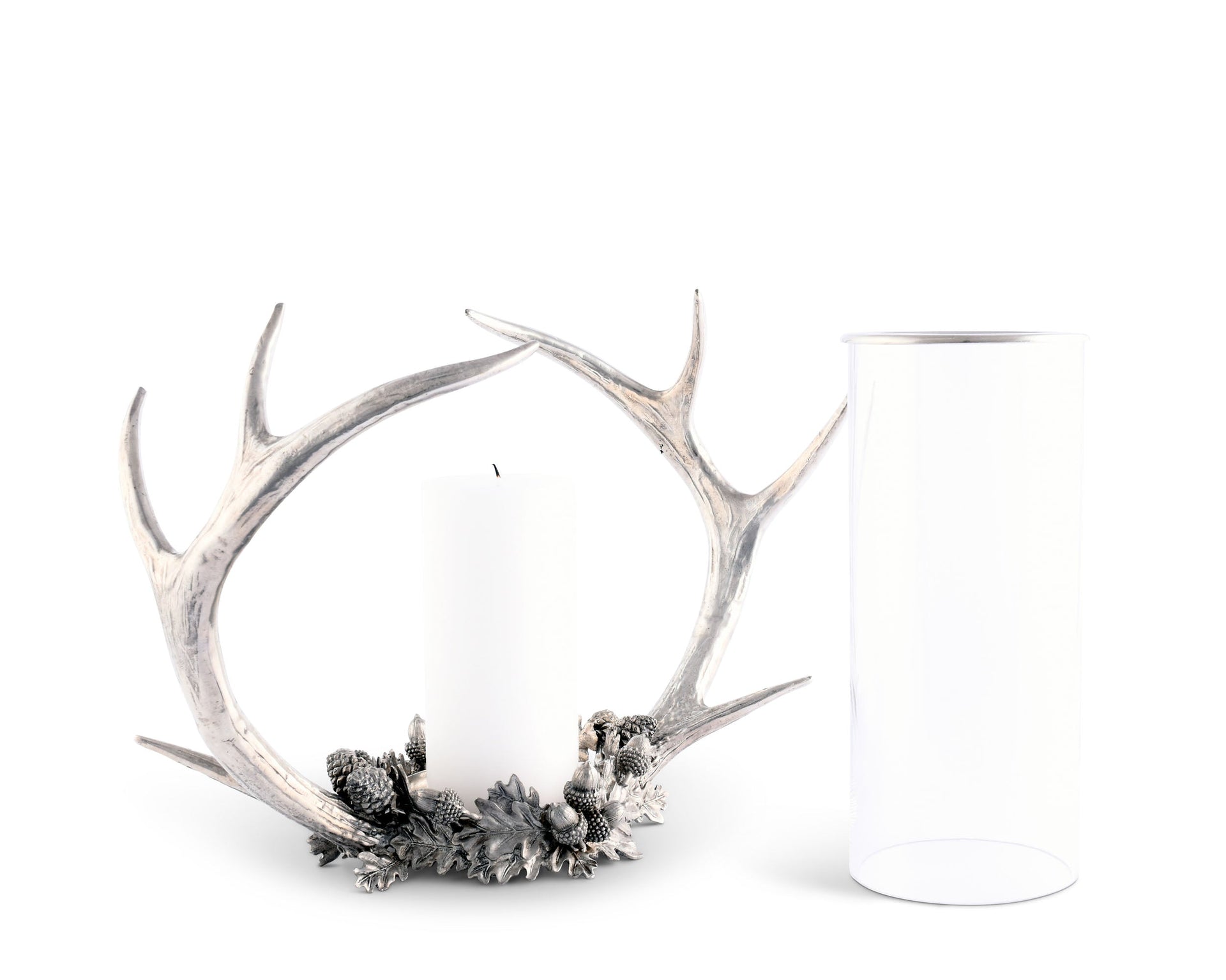 PEWTER ANTLER RACK ACORN HURRICANE PILLAR