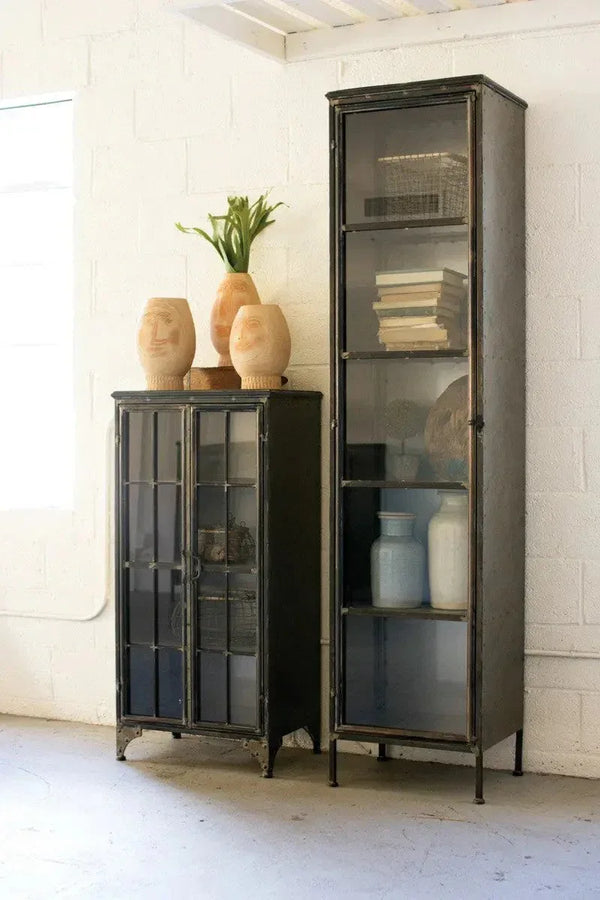 Wide Industrial Iron And Glass Two Door Apothecary Cabinet - Gifts for You 'n Me