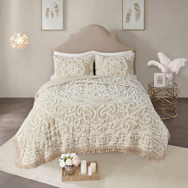 Laetitia Tufted Cotton Chenille Medallion Fringe Coverlet Mini Set - Taupe