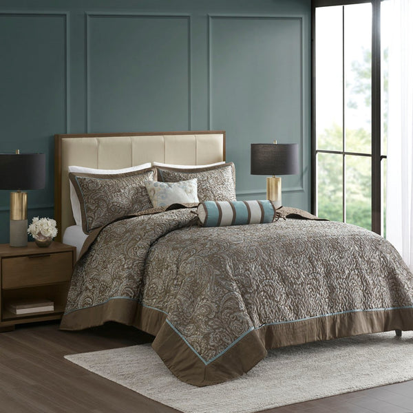 Aubrey 5 Piece Reversible Jacquard Bedspread Set in Blue/Brown