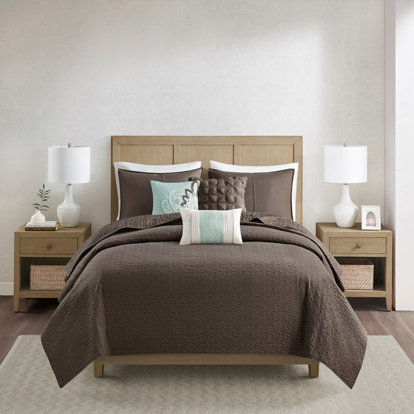 Geneva 6 Piece Reversible Coverlet Set - Brown