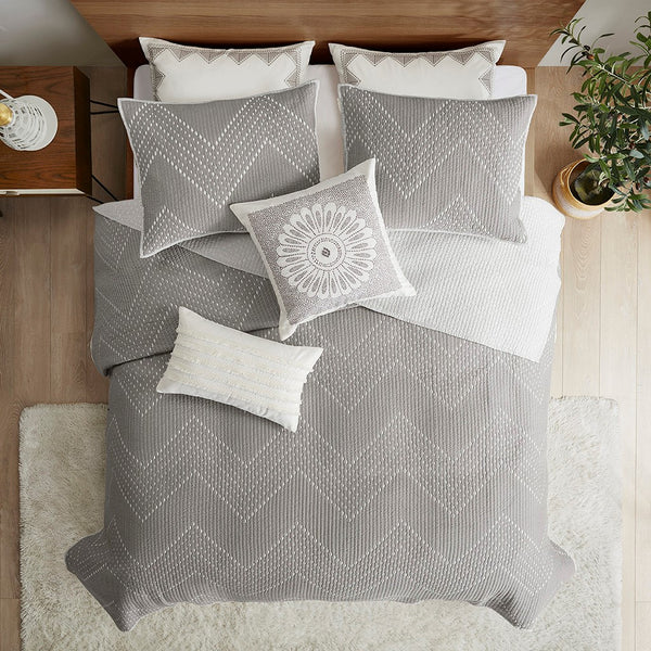 Pomona Cotton Embroidered 3 Piece Coverlet Set - Gray