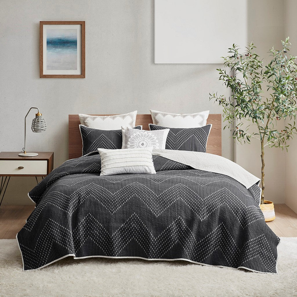 Pomona Cotton Embroidered 3 Piece Coverlet Set - Black