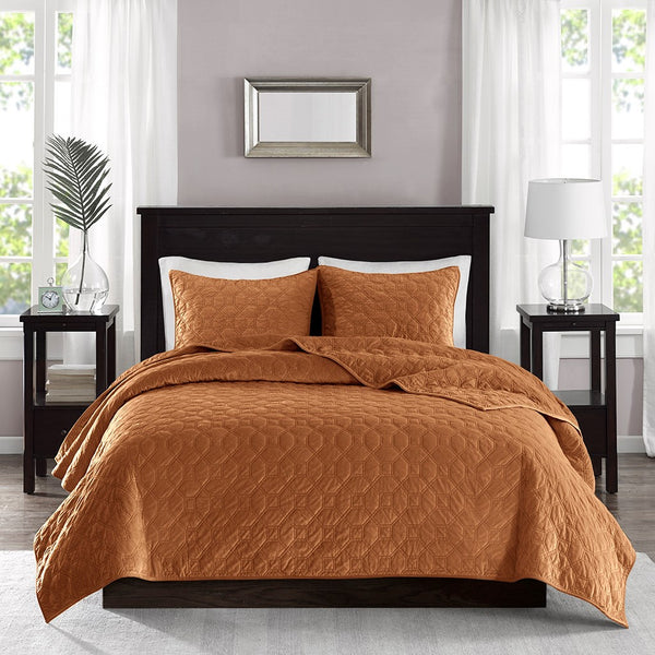 Harper Velvet 3 Piece Coverlet Set - Rust