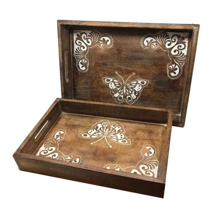 Set of 2 Dancing Butterflies Hand-Carved Wood Serving Trays - Gifts for You 'n Me