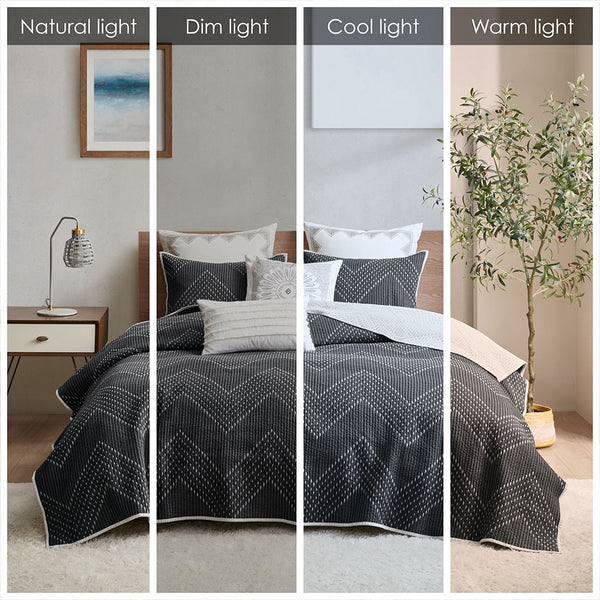 Pomona Cotton Embroidered 3 Piece Coverlet Set - Black