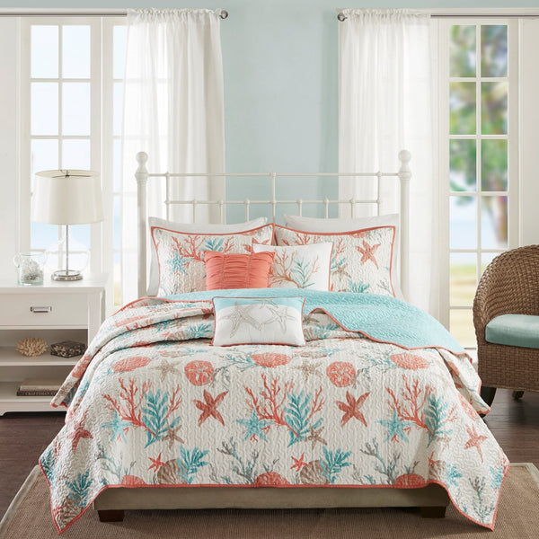 Pebble Beach 6 Piece Cotton Sateen Reversible Coverlet Set - Coral