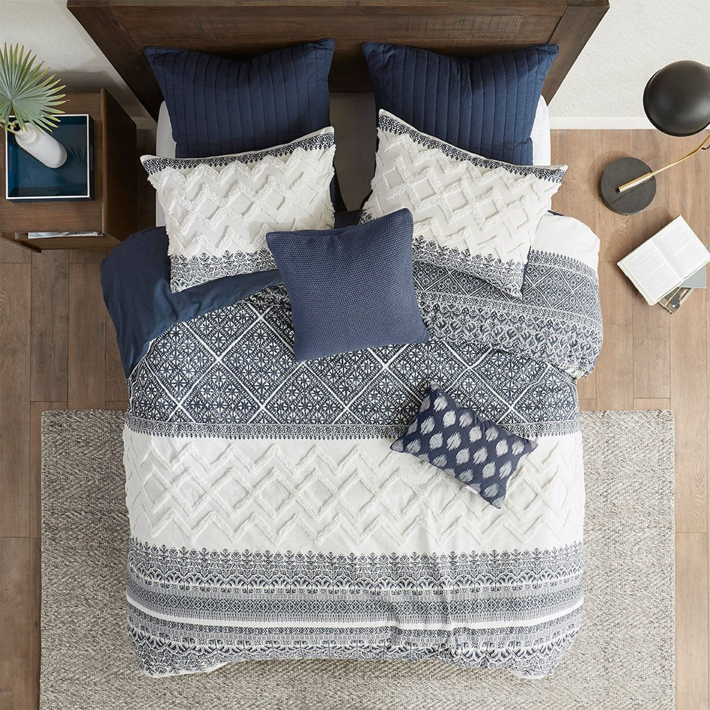 Mila 3 Piece Cotton Navy Comforter Set with Chenille Tufting by INK+IVY