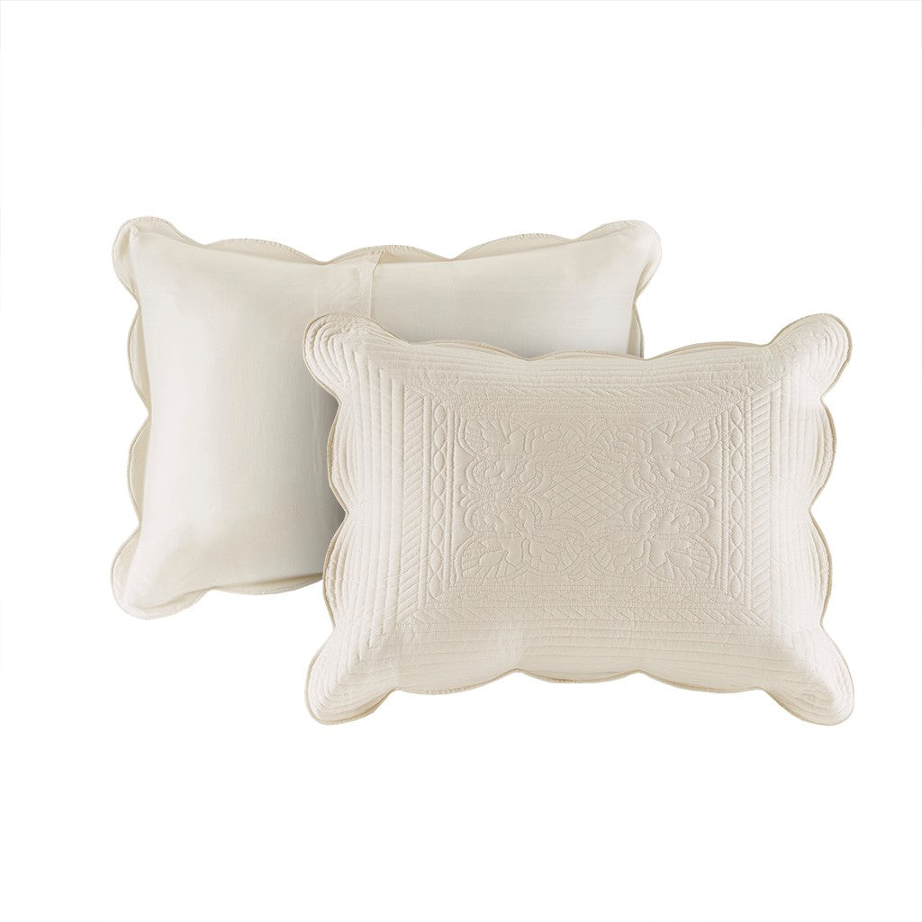 Tuscany 3 Piece Reversible Scalloped Edge Coverlet Set - Cream