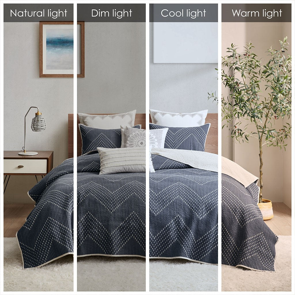 Pomona Cotton Embroidered 3 Piece Coverlet Set - Navy
