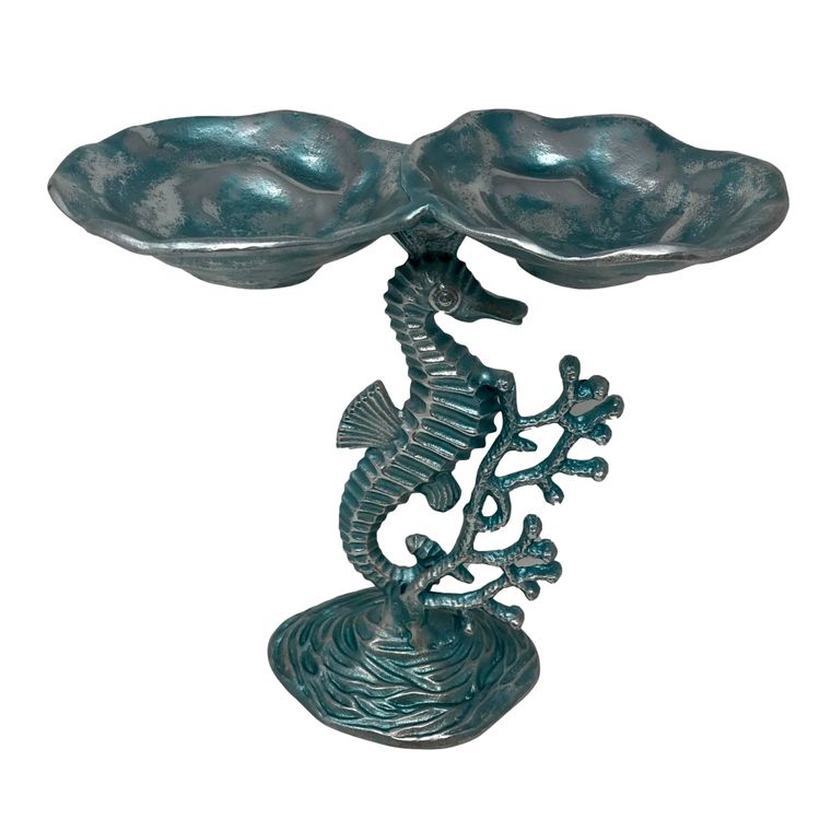 Cast Aluminum Seahorse & Coral Pedestal w/2 Condiment Bowls