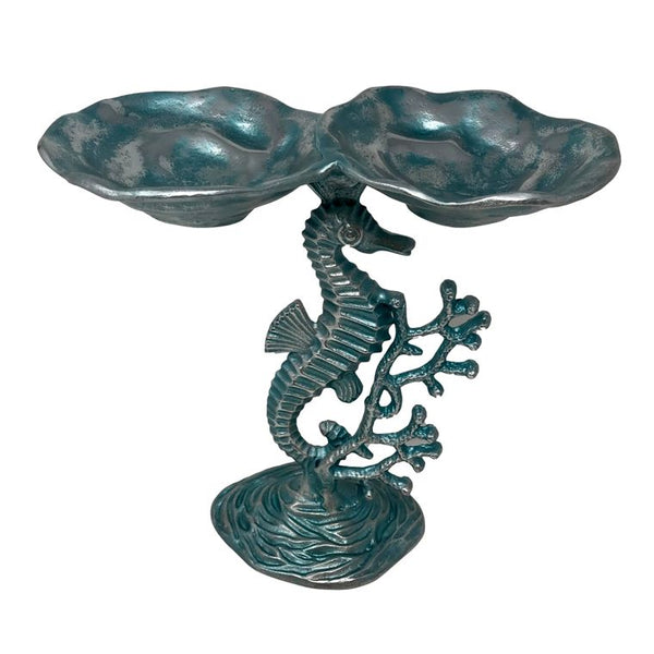 Cast Aluminum Seahorse & Coral Pedestal w/2 Condiment Bowls - Gifts for You 'n Me