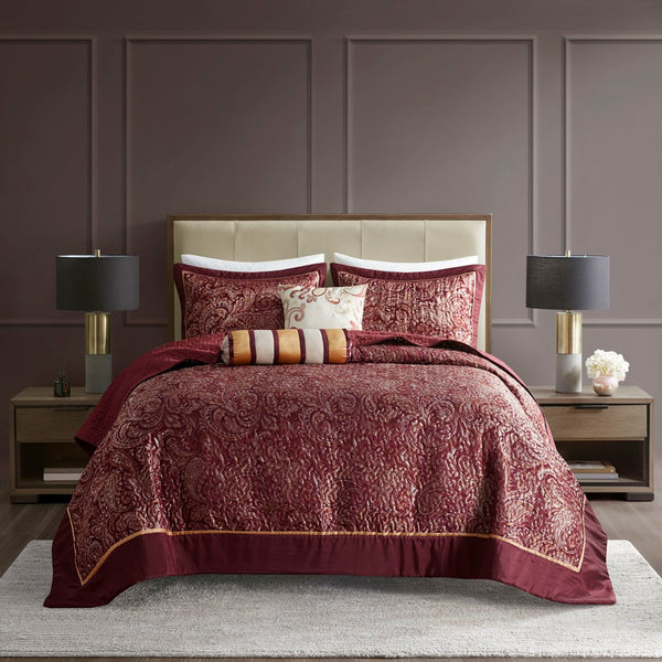 Aubrey 5 Piece Reversible Jacquard Bedspread Set in Burgundy