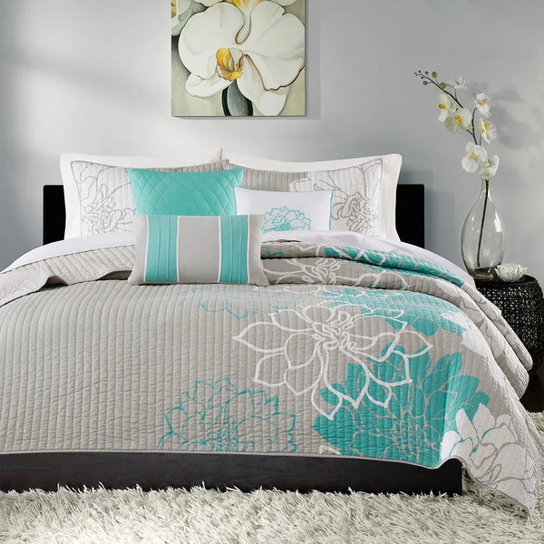 Lola 6 Piece Reversible Cotton Printed Coverlet Set - Aqua - Gifts for You 'n Me